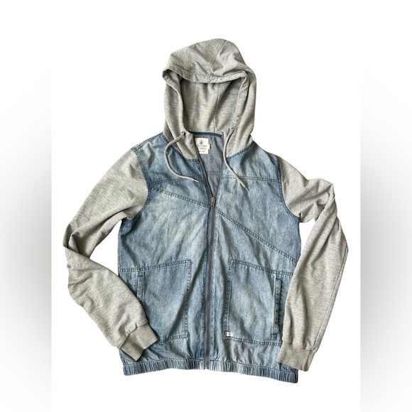 Volcom zip up chambray lightweight with gray hoodie and sleeves youth 12 - Picture 3 of 7